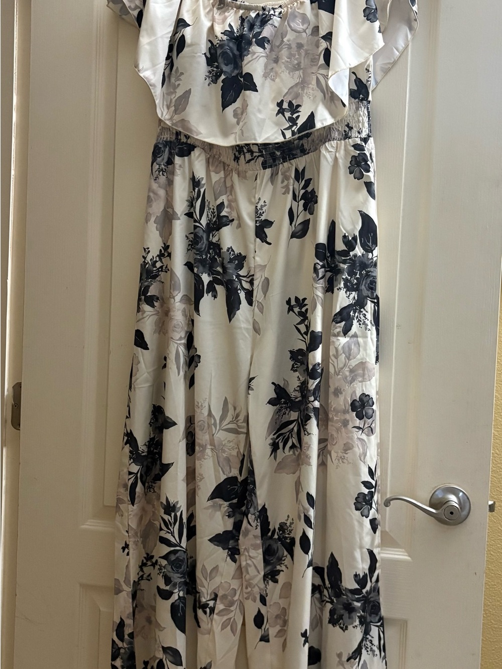 SHEIN Cream Floral Off-Shoulder Jumpsuit with Black and Gray Print